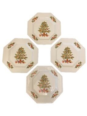 Set of 4 Fairfield Peace On Earth Dinner Plates Christmas Tree Octagonal Holiday